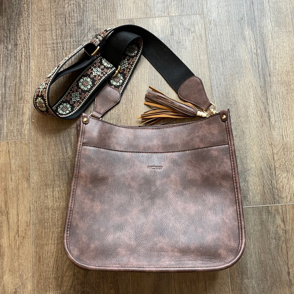 HKCLUF Brown Distressed Vegan Leather Crossbody Bag Floral Guitar Strap Tassel